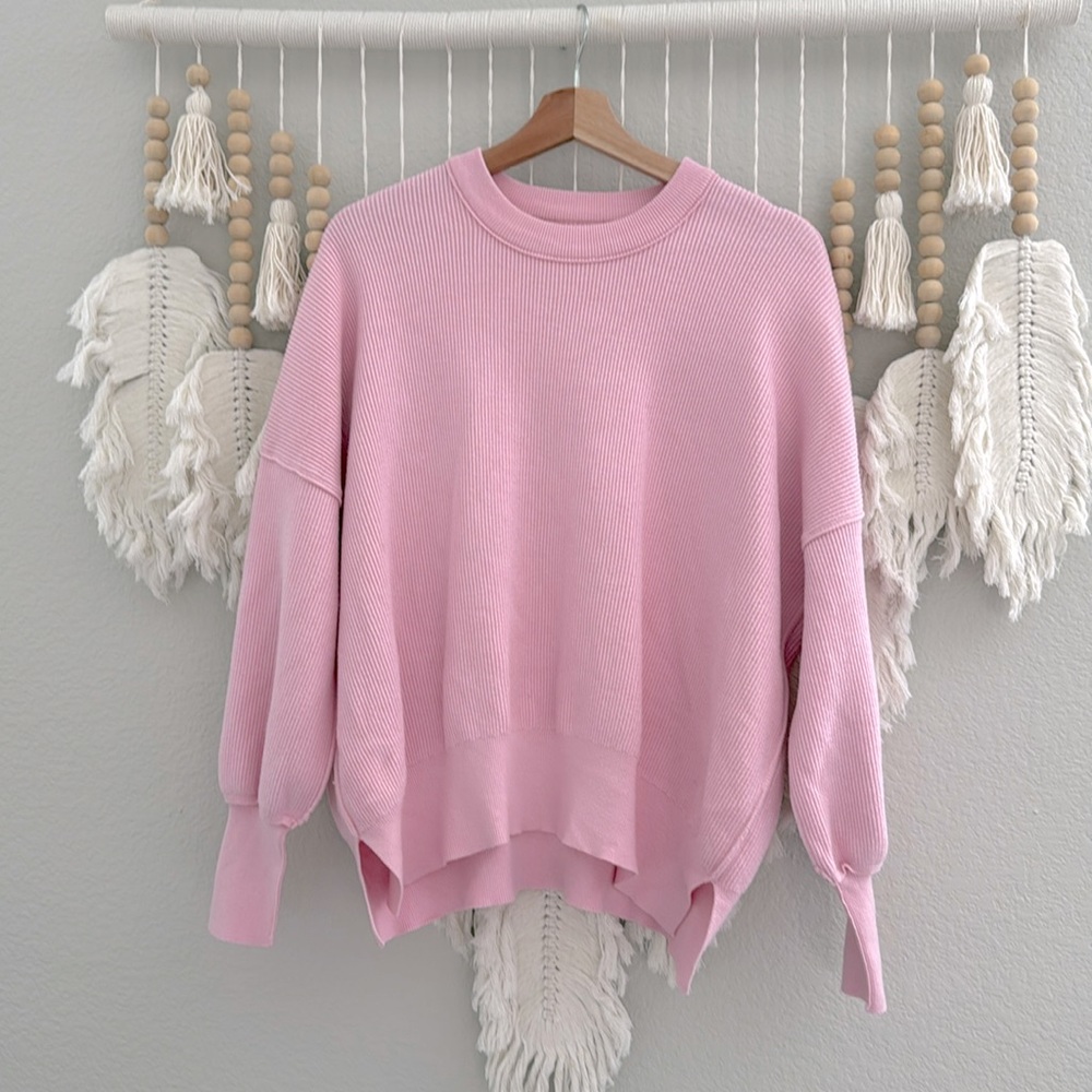 Oversized Batwing Long Sleeve Crewneck Side Slit Ribbed Knit Pullover Sweater